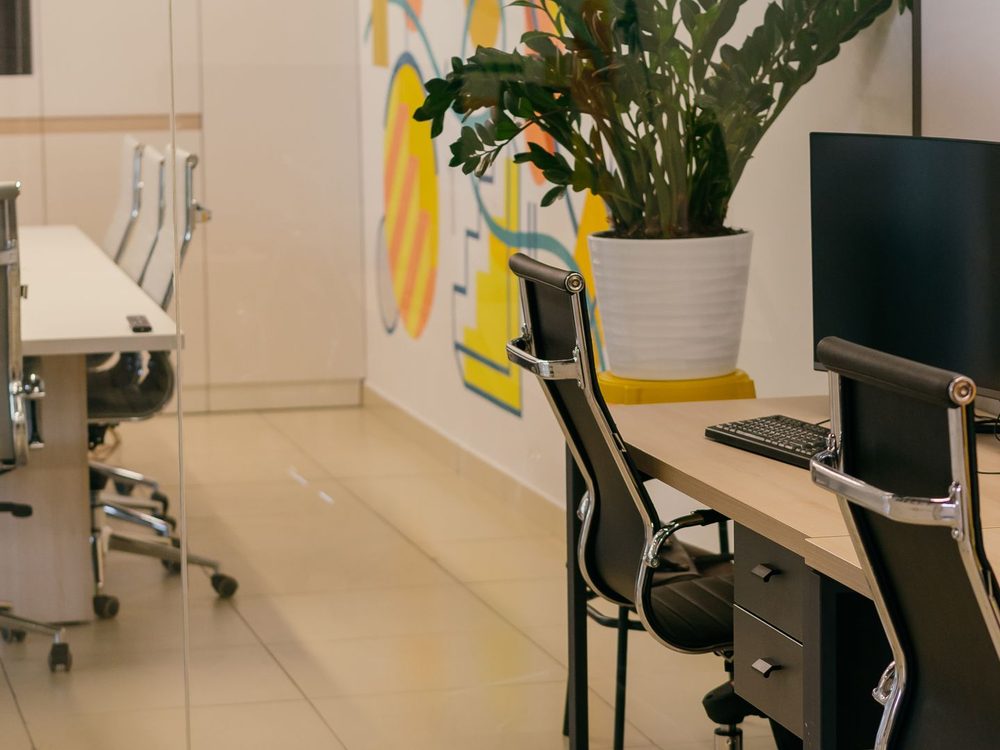 Bright modern office interior with freshly painted white walls